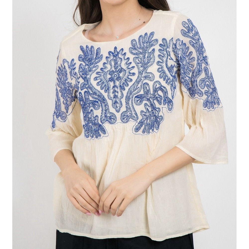 Chico's Beaded Cotton Gauze Boho Peasant Blouse Ivory Blue 3/4 Sleeve Sz 0 /S